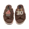 Laines London Women's Brown / Neutrals Laines Neutral Boucle Slippers With Stripe 30th Birthday & Cake Brooch - Mi
