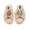 Laines London Women's Brown / Neutrals Laines Neutral Boucle Slippers With Stripe 40th Birthday & Cake Brooches - 