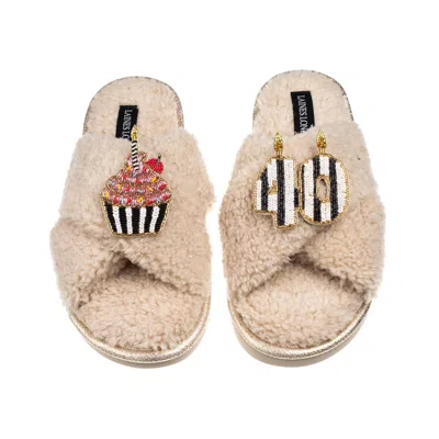 Laines London Women's Brown / Neutrals Laines Neutral Boucle Slippers With Stripe 40th Birthday & Cake Brooches - 