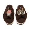 Laines London Women's Brown / Neutrals Laines Neutral Boucle Slippers With Stripe 50th Birthday & Cake Brooches - 
