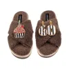 Laines London Women's Brown / Neutrals Laines Neutral Boucle Slippers With Stripe 60th Birthday & Cake Brooches - 