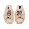 Laines London Women's Brown / Neutrals Laines Neutral Boucle Slippers With Stripe 70th Birthday & Cake Brooches - 