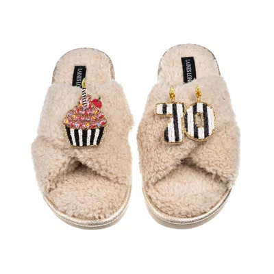 Laines London Women's Brown / Neutrals Laines Neutral Boucle Slippers With Stripe 70th Birthday & Cake Brooches - 