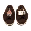 Laines London Women's Brown / Neutrals Laines Neutral Boucle Slippers With Stripe 80th Birthday & Cake Brooches - 