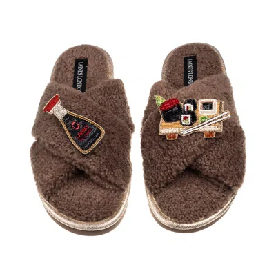 Laines London Women's Brown / Neutrals Laines Neutral Boucle Slippers With Sushi & Soy Sauce Brooches - Mink