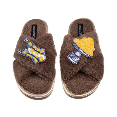 Laines London Women's Brown / Neutrals Laines Neutral Boucle Slippers With Swimming Costume & Lemons Brooches - Mi
