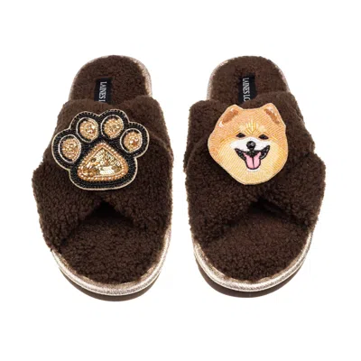 Laines London Women's Brown / Neutrals Laines Neutral Boucle Slippers With Teddy The Pomeranian & Paw Brooches - C