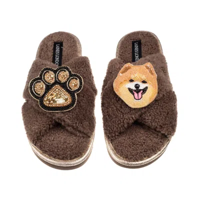 Laines London Women's Brown / Neutrals Laines Neutral Boucle Slippers With Teddy The Pomeranian & Paw Brooches - M