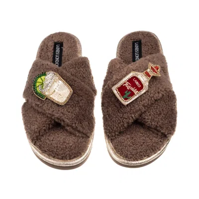 Laines London Women's Brown / Neutrals Laines Neutral Boucle Slippers With Tequila Slammer Brooches - Mink