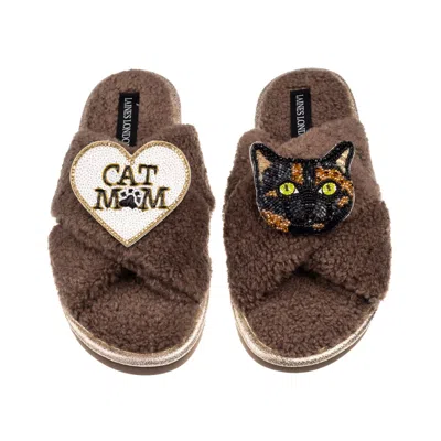 Laines London Women's Brown / Neutrals Laines Neutral Boucle Slippers With Tortoise Shell Cat & Cat Mum/mom Brooch