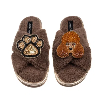 Laines London Women's Brown / Neutrals Laines Neutral Boucle Slippers With Tutu The Poodle & Paw Brooches - Mink