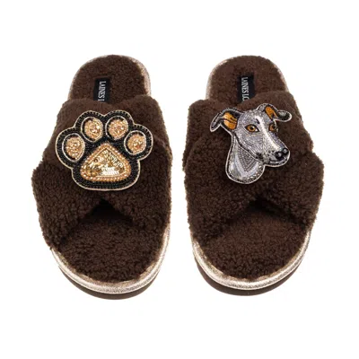 Laines London Women's Brown / Neutrals Laines Neutral Boucle Slippers With Vinny The Italian Greyhound & Paw Brooc