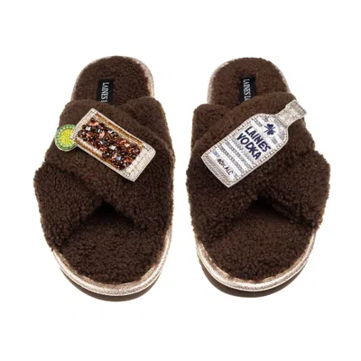 Laines London Women's Brown / Neutrals Laines Neutral Boucle Slippers With Vodka & Coke Brooches - Chocolate