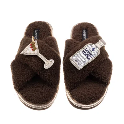 Laines London Women's Brown / Neutrals Laines Neutral Boucle Slippers With Vodka Martini Brooches - Chocolate