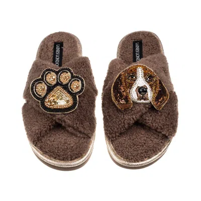 Laines London Women's Brown / Neutrals Laines Neutral Boucle Slippers With Ziggy The Beagle & Paw Brooches -mink