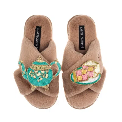 Laines London Women's Brown / Neutrals Laines X Juliet Slippers With Tea & Battenberg Cake Brooches - Toffee
