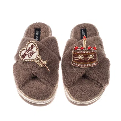 Laines London Women's Brown / Neutrals Neutral Boucle Slippers With Birthday Girl Balloon & Chocolate Cake Brooche