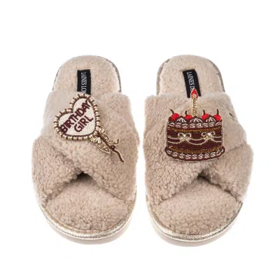 Laines London Women's Brown / Neutrals Neutral Boucle Slippers With Birthday Girl Balloon & Chocolate Cake Brooche