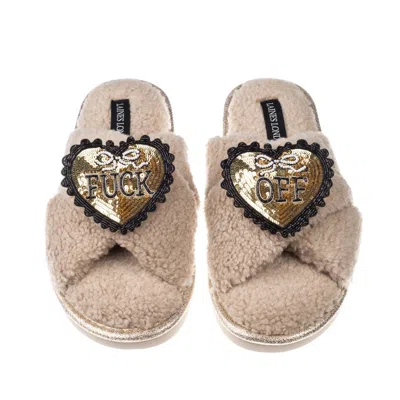 Laines London Women's Brown / Neutrals Neutral Boucle Slippers With Black & Gold Fuck Off Brooches - Oatmeal