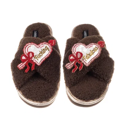 Laines London Women's Brown / Neutrals Neutral Boucle Slippers With Fucking Fabulous Hearts Brooches - Chocolate In Multi