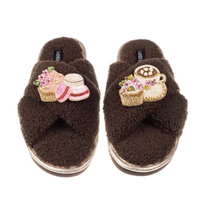 Laines London Women's Brown / Neutrals Neutral Boucle Slippers With Macaroon Brooches - Chocolate