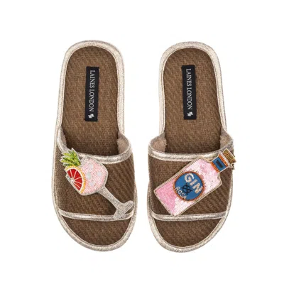 Laines London Women's Brown / Neutrals Straw Braided Sandals With Pink Rosa & Grapefruit Gin Brooches - Caramel