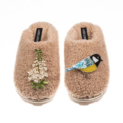 Laines London Women's Brown / Neutrals Teddy Closed Toe Slippers With Blue Tit & White Foxglove Brooches - Toffee