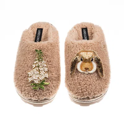 Laines London Women's Brown / Neutrals Teddy Closed Toe Slippers With Bunny & White Foxglove Brooches - Toffee