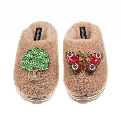Laines London Women's Brown / Neutrals Teddy Closed Toe Slippers With Butterfly & Oak Tree Brooches - Toffee