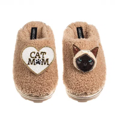 Laines London Women's Brown / Neutrals Teddy Closed Toe Slippers With Cat Mum / Mom & Siamese Cat Brooches - Toffe In Multi