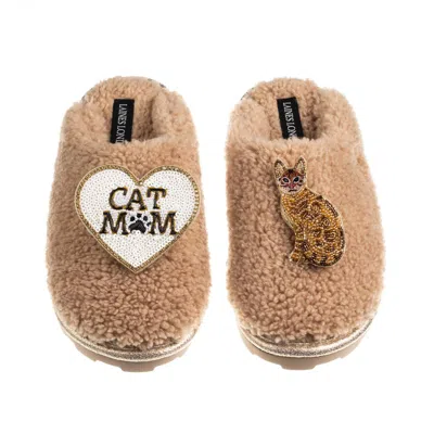 Laines London Women's Brown / Neutrals Teddy Closed Toe Slippers With Cat Mum/mom & Bengal Cat Brooches - Toffee
