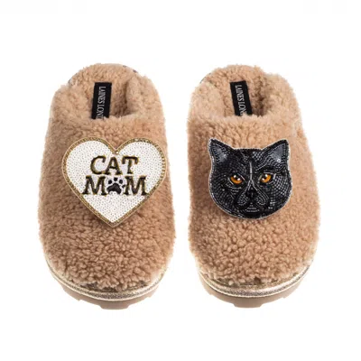 Laines London Women's Brown / Neutrals Teddy Closed Toe Slippers With Cat Mum/mom & Black British Shorthair Brooch