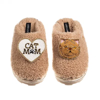 Laines London Women's Brown / Neutrals Teddy Closed Toe Slippers With Cat Mum/mom & Ginger Persian Cat Brooches - 