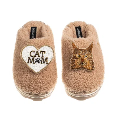 Laines London Women's Brown / Neutrals Teddy Closed Toe Slippers With Cat Mum/mom & Maine Coon Cat Brooches - Toff
