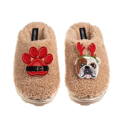Laines London Women's Brown / Neutrals Teddy Closed Toe Slippers With Christmas British Bulldog & Paw Brooches - T