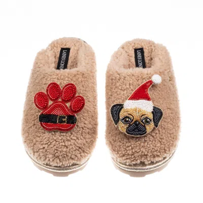 Laines London Women's Brown / Neutrals Teddy Closed Toe Slippers With Christmas Fawn Pug & Paw Brooches - Toffee