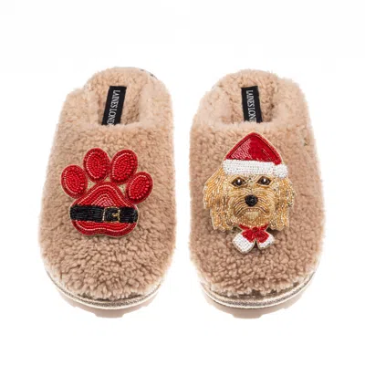 Laines London Women's Brown / Neutrals Teddy Closed Toe Slippers With Christmas Golden Cavapoo & Paw Brooches - To