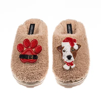 Laines London Women's Brown / Neutrals Teddy Closed Toe Slippers With Christmas Jack Russell & Paw Brooches - Toff