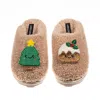 Laines London Women's Brown / Neutrals Teddy Closed Toe Slippers With Christmas Lovable Pudding & Tree Brooches -  In Multi
