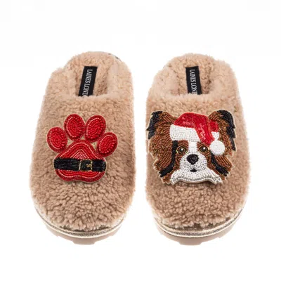 Laines London Women's Brown / Neutrals Teddy Closed Toe Slippers With Christmas Papillon & Paw Brooches - Toffee