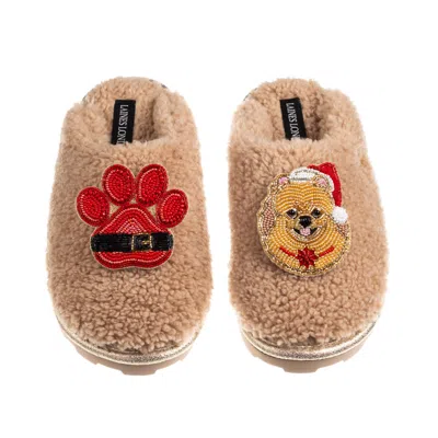 Laines London Women's Brown / Neutrals Teddy Closed Toe Slippers With Christmas Pomeranian & Paw Brooches - Toffee
