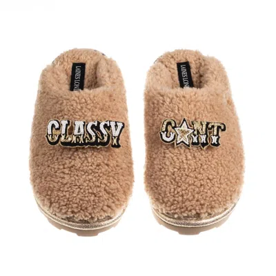 Laines London Women's Brown / Neutrals Teddy Closed Toe Slippers With Classy Cunt Brooches - Toffee