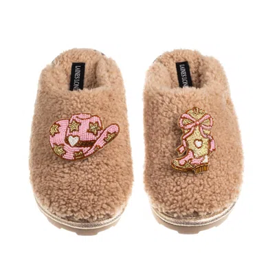 Laines London Women's Brown / Neutrals Teddy Closed Toe Slippers With Cowgirl Hat & Cowgirl Boot Brooches - Toffee