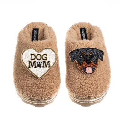 Laines London Women's Brown / Neutrals Teddy Closed Toe Slippers With Dog Mum / Mom & Rottweiler Brooches - Toffee