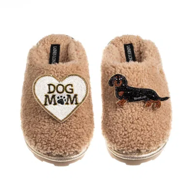 Laines London Women's Brown / Neutrals Teddy Closed Toe Slippers With Dog Mum/mom & Black & Tan Dachshund Brooches