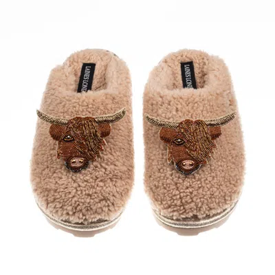 Laines London Women's Brown / Neutrals Teddy Closed Toe Slippers With Double Highland Cow Brooches - Toffee