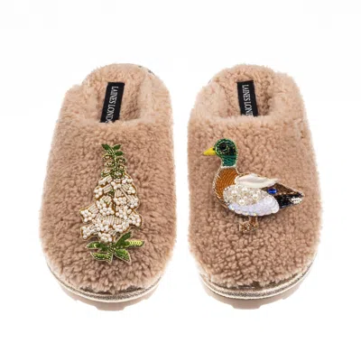 Laines London Women's Brown / Neutrals Teddy Closed Toe Slippers With Duck & White Foxglove Brooches - Toffee