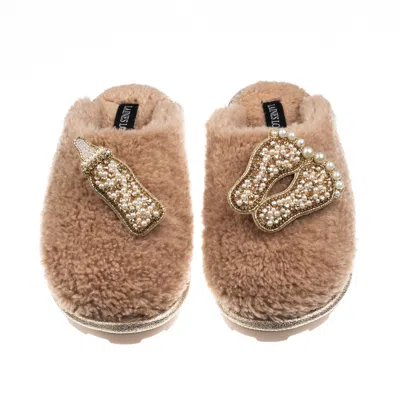 Laines London Women's Brown / Neutrals Teddy Closed Toe Slippers With Gold New Baby Brooches - Toffee
