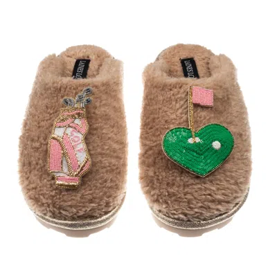 Laines London Women's Brown / Neutrals Teddy Closed Toe Slippers With Golf Lover Brooches - Toffee