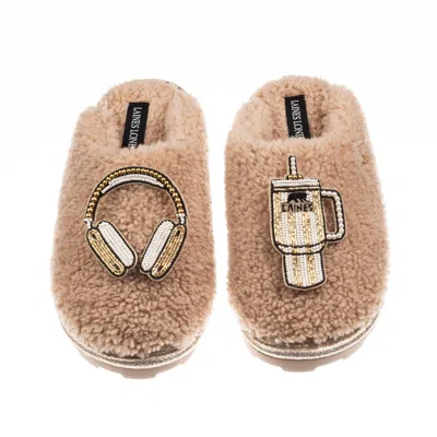 Laines London Women's Brown / Neutrals Teddy Closed Toe Slippers With Headphones & Quencher Brooches - Toffee